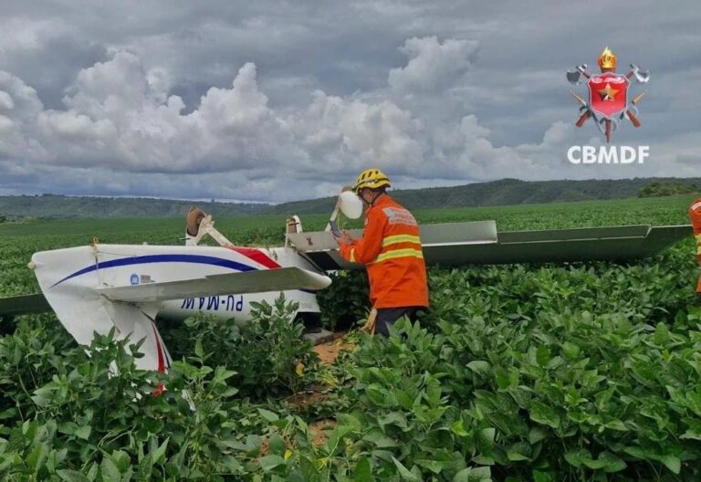 Avião de pequeno porte faz pouso de emergência em lavoura de soja e piloto fica ferido no DF