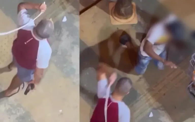 PM com arma em punho é filmado golpeando com fio homem ajoelhado