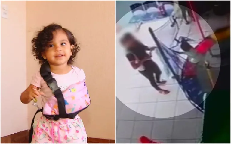 Bebê quebra a clavícula após cair em brinquedo de escola