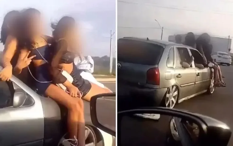 Cinco mulheres são flagradas circulando em capô de carro em GO. Vídeo