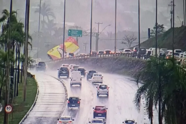 EPTG: outdoor cai em pista na marginal e congestiona trânsito. Vídeo
