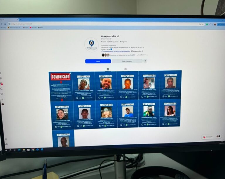 Tela exibe perfil oficial com cartazes de pessoas desaparecidas no Distrito Federal