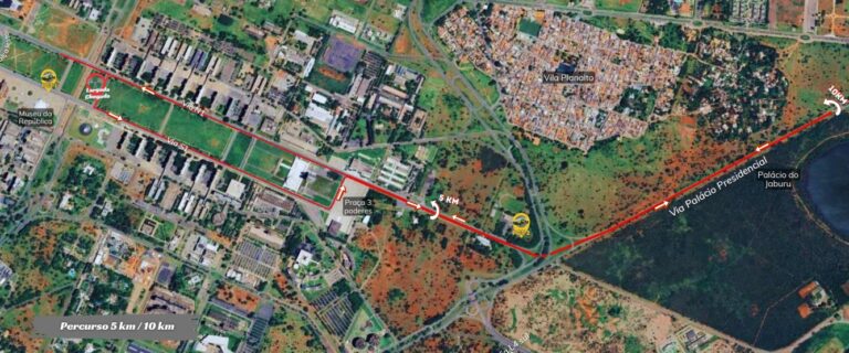 Mapa do percurso de 5 km e 10 km da corrida Live! Run XP na Esplanada dos Ministérios
