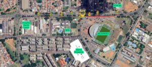 Mapa mostra interdições na Via SCE Q1 e nos acessos ao Estádio Bezerrão