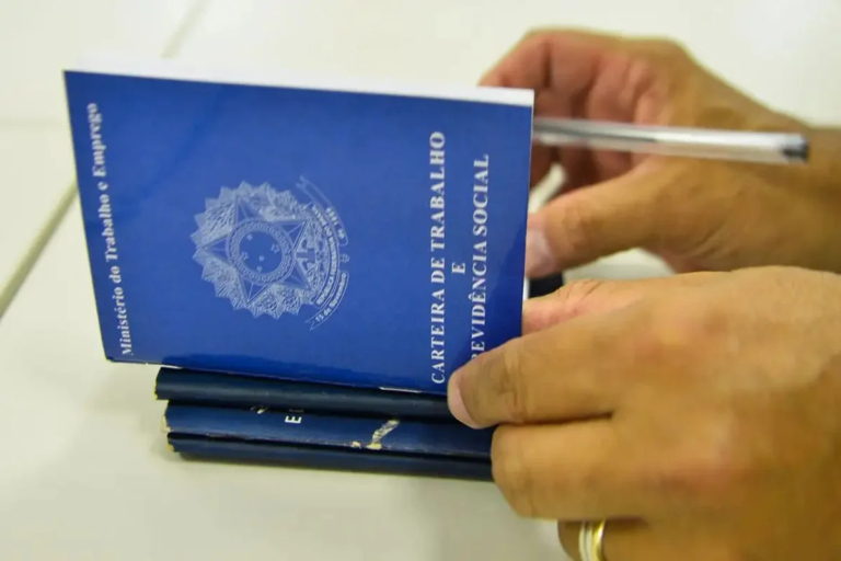 Pessoa segura uma carteira de trabalho enquanto preenche documento